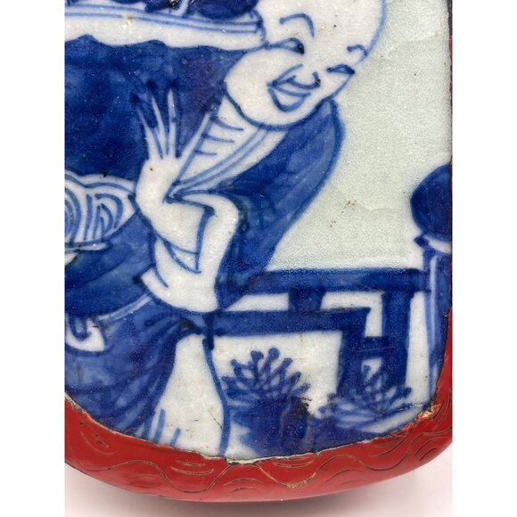 Vintage Chinese Red Lacquer Shard Box Blue White Porcelain - Picture 6 of 16